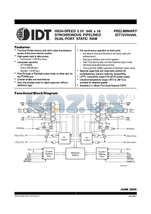 IDT70V9289L datasheet - HIGH-SPEED 3.3V 64K x 16 SYNCHRONOUS PIPELINED DUAL-PORT STATIC RAM