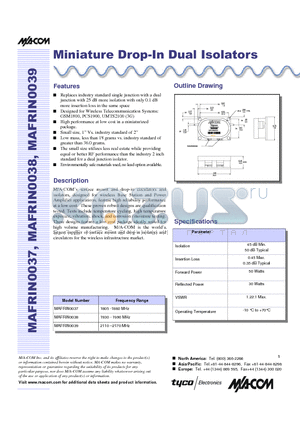 MAFRIN0038 datasheet - Miniature Drop-In Dual Isolators