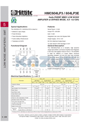 HMC604LP3E datasheet - GaAs PHEMT MMIC LOW NOISE AMPLIFIER w/ BYPASS MODE, 4.8 - 6.0 GHz