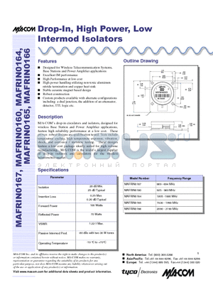 MAFRIN0164 datasheet - Drop-In, High Power, Low Intermod Isolators