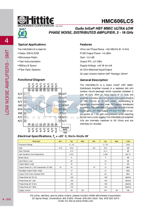 HMC606LC5 datasheet - GaAs InGaP HBT MMIC ULTRA LOW PHASE NOISE, DISTRIBUTED AMPLIFIER, 2 - 18 GHz