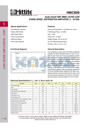 HMC606 datasheet - GaAs InGaP HBT MMIC ULTRA LOW PHASE NOISE, DISTRIBUTED AMPLIFIER, 2 - 18 GHz