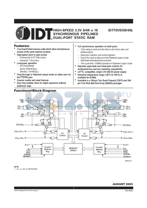 IDT70V9349L6PFI datasheet - HIGH-SPEED 3.3V 8/4K x 18 SYNCHRONOUS PIPELINED DUAL-PORT STATIC RAM