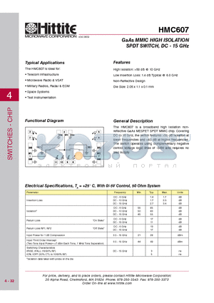 HMC607 datasheet - GaAs MMIC HIGH ISOLATION SPDT SWITCH, DC - 15 GHz