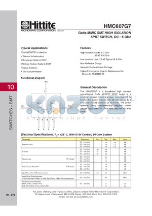 HMC607G7_08 datasheet - GaAs MMIC SMT HIGH ISOLATION SPDT SWITCH, DC - 6 GHz