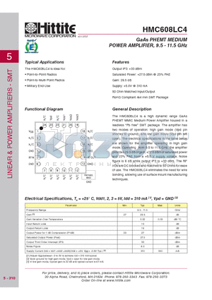 HMC608LC4 datasheet - GaAs PHEMT MEDIUM POWER AMPLIFIER, 9.5 - 11.5 GHz
