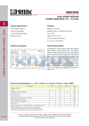 HMC608 datasheet - GaAs PHEMT MEDIUM POWER AMPLIFIER, 9.5 - 11.5 GHz