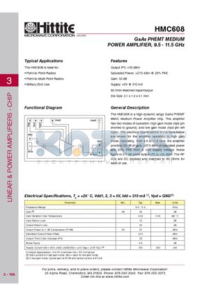 HMC608 datasheet - GaAs PHEMT MEDIUM POWER AMPLIFIER, 9.5 - 11.5 GHz