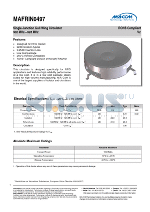 MAFRIN0497 datasheet - Single Junction Gull Wing Circulator 902 MHz-928 MHz