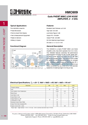 HMC609 datasheet - GaAs PHEMT MMIC LOW NOISE AMPLIFIER, 2 - 4 GHz