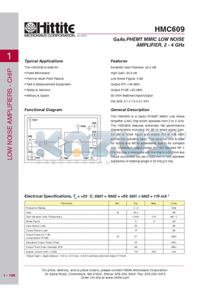 HMC609 datasheet - GaAs PHEMT MMIC LOW NOISE AMPLIFIER, 2 - 4 GHz