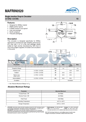 MAFRIN0520 datasheet - Single Junction Drop-In Circulator 3.4 GHz-3.6 GHz