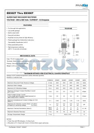 ED302 datasheet - SUPER FAST RECOVERY RECTIFIER(VOLTAGE - 200 to 600 Volts CURRENT - 3.0 Amperes)