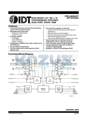 IDT70V9369L7PFI datasheet - HIGH-SPEED 3.3V 16K x 18 SYNCHRONOUS PIPELINED DUAL-PORT STATIC RAM