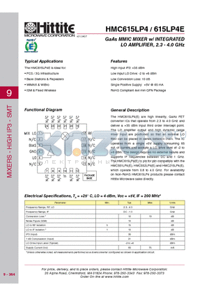 HMC615LP4E datasheet - GaAs MMIC MIXER w/ INTEGRATED LO AMPLIFIER, 2.3 - 4.0 GHz