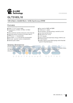 GLT5160L16 datasheet - 16M (2-Bank x 524288-Word x 16-Bit) Synchronous DRAM