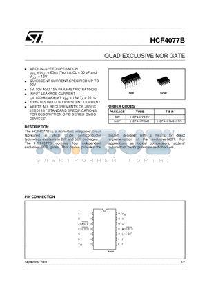 HCF4077B datasheet - QUAD EXCLUSIVE NOR GATE