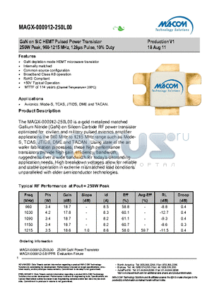 MAGX-000912-SB1PPR datasheet - GaN on SiC HEMT Pulsed Power Transistor 250W Peak, 960-1215 MHz, 128ls Pulse, 10% Duty