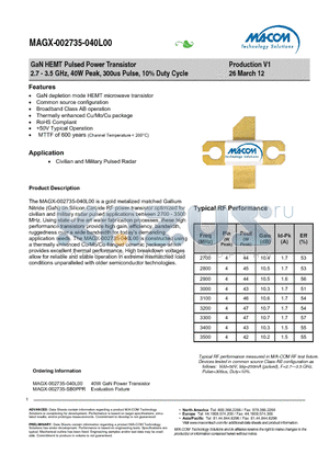 MAGX-002735-SB0PPR datasheet - GaN HEMT Pulsed Power Transistor 2.7 - 3.5 GHz, 40W Peak, 300us Pulse, 10% Duty Cycle