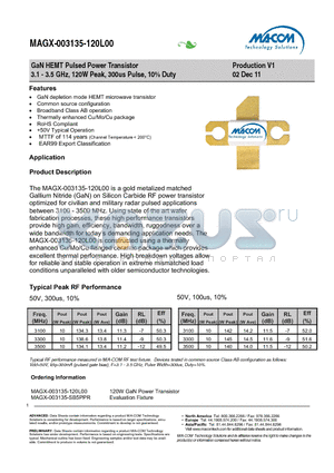 MAGX-003135-120L00 datasheet - GaN HEMT Pulsed Power Transistor 3.1 - 3.5 GHz, 120W Peak, 300us Pulse, 10% Duty