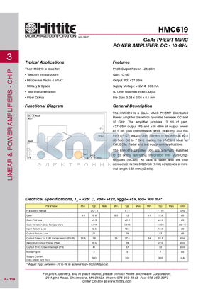 HMC619 datasheet - GaAs PHEMT MMIC POWER AMPLIFIER, DC - 10 GHz