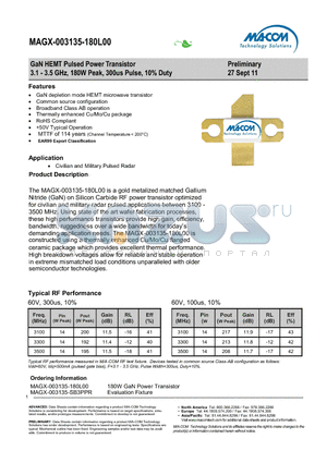 MAGX-003135-180L00 datasheet - GaN HEMT Pulsed Power Transistor 3.1 - 3.5 GHz, 180W Peak, 300us Pulse, 10% Duty