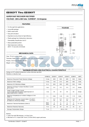 ED304YT datasheet - SUPER FAST RECOVERY RECTIFIER(VOLTAGE - 200 to 600 Volts CURRENT - 3.0 Amperes)