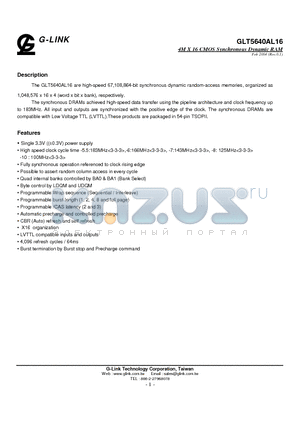 GLT5640AL16-10TC datasheet - 4M X 16 CMOS Synchronous Dynamic RAM