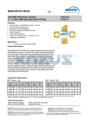 MAGX-003135-SB3PPR datasheet - GaN HEMT Pulsed Power Transistor 3.1 - 3.5 GHz, 180W Peak, 300us Pulse, 10% Duty