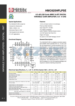 HMC625HFLP5E datasheet - 0.5 dB LSB GaAs MMIC 6-BIT DIGITAL VARIABLE GAIN AMPLIFIER, 0.5 - 6 GHz
