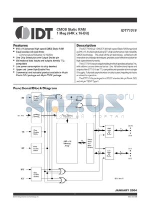 IDT71016 datasheet - CMOS Static RAM 1 Meg (64K x 16-Bit)