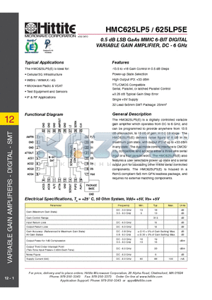 HMC625LP5E datasheet - 0.5 dB LSB GaAs MMIC 6-BIT DIGITAL VARIABLE GAIN AMPLIFIER, DC - 6 GHz