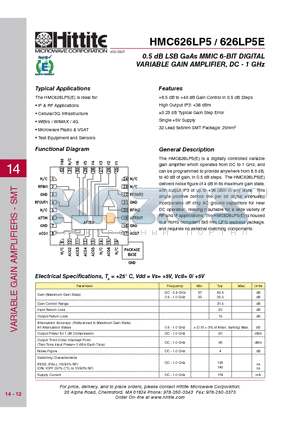 HMC626LP5E datasheet - 0.5 dB LSB GaAs MMIC 6-BIT DIGITAL VARIABLE GAIN AMPLIFIER, DC - 1 GHz