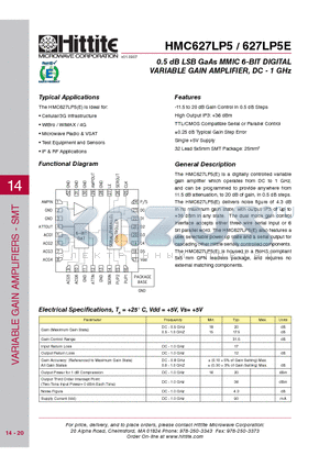 HMC627LP5E datasheet - 0.5 dB LSB GaAs MMIC 6-BIT DIGITAL VARIABLE GAIN AMPLIFIER, DC - 1 GHz