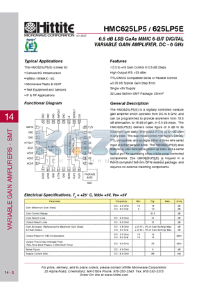 HMC625LP5E datasheet - 0.5 dB LSB GaAs MMIC 6-BIT DIGITAL VARIABLE GAIN AMPLIFIER, DC - 6 GHz