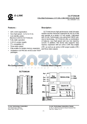 GLT7256L08-10J3 datasheet - Ultra High Performance 3.3V 32K x 8 Bit CMOS STATIC RAM