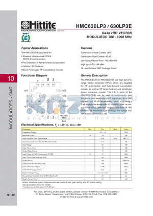 HMC630LP3E datasheet - GaAs HBT VECTOR MODULATOR 700 - 1000 MHz