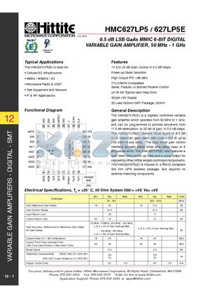 HMC627LP5_10 datasheet - 0.5 dB LSB GaAs MMIC 6-BIT DIGITAL VARIABLE GAIN AMPLIFIER, 50 MHz - 1 GHz