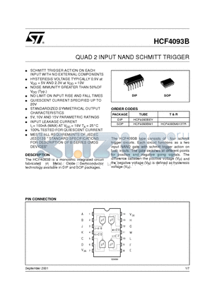 HCF4093BEY datasheet - QUAD 2 INPUT NAND SCHMITT TRIGGER