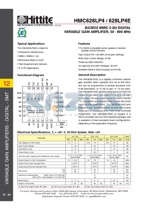 HMC628LP4 datasheet - BiCMOS MMIC 5-Bit DIGITAL VARIABLE GAIN AMPLIFIER, 50 - 800 MHz