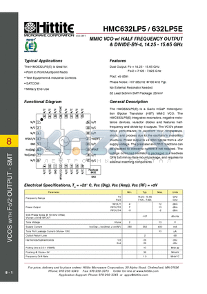 HMC632LP5 datasheet - MMIC VCO w/ HALF FREQUENCY OUTPUT & DIVIDE-BY-4, 14.25 - 15.65 GHz