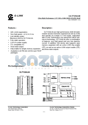 GLT7256L08-12J3 datasheet - Ultra High Performance 3.3V 32K x 8 Bit CMOS STATIC RAM