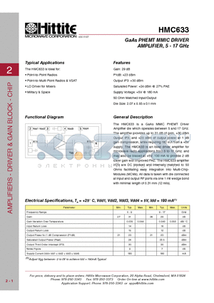HMC633 datasheet - GaAs PHEMT MMIC DRIVER AMPLIFIER, 5 - 17 GHz