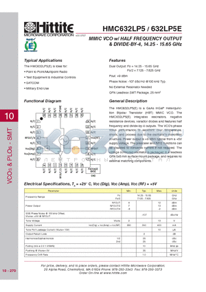 HMC632LP5 datasheet - MMIC VCO w/ HALF FREQUENCY OUTPUT & DIVIDE-BY-4, 14.25 - 15.65 GHz