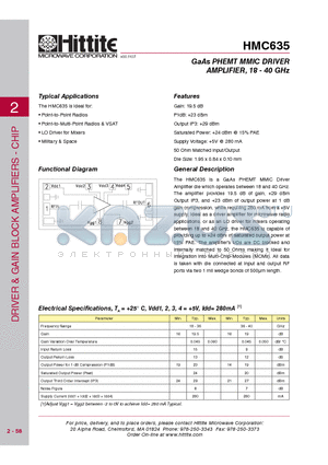 HMC635 datasheet - GaAs PHEMT MMIC DRIVER AMPLIFIER, 18 - 40 GHz