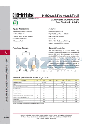 HMC636ST89 datasheet - GaAs PHEMT HIGH LINEARITY Gain Block, 0.2 - 4.0 GHz