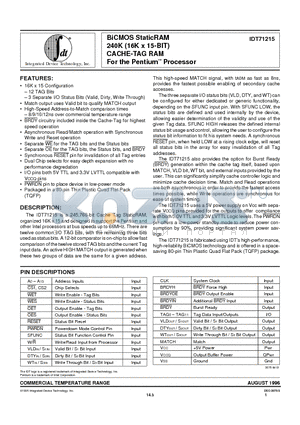 IDT71215 datasheet - BiCMOS StaticRAM 240K (16K x 15-BIT) CACHE-TAG RAM For the PentiumO Processor