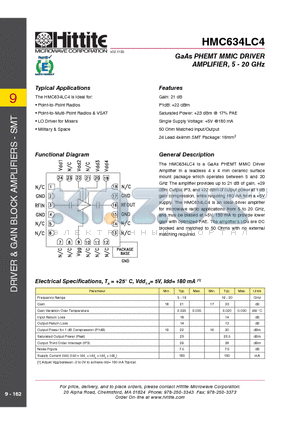 HMC634LC4 datasheet - GaAs PHEMT MMIC DRIVER AMPLIFIER, 5 - 20 GHz