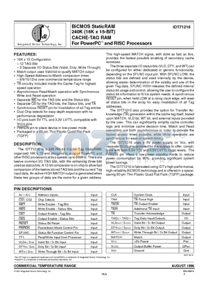 IDT71216S12PF datasheet - BiCMOS StaticRAM 240K (16K x 15-BIT) CACHE-TAG RAM For PowerPCO and RISC Processors