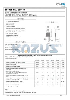 ED504T datasheet - SUPER FAST RECOVERY RECTIFIER(VOLTAGE - 200 to 600 Volts CURRENT - 5.0 Amperes)